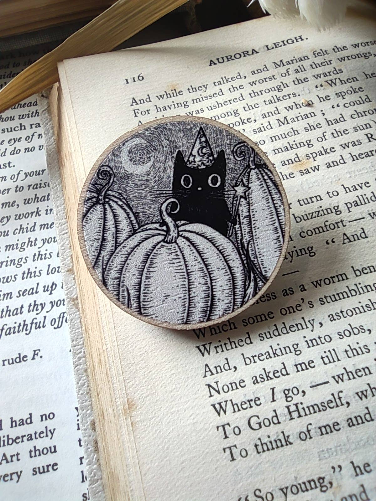Pumpkin Wizard- Black Cat Wooden Pin Badge