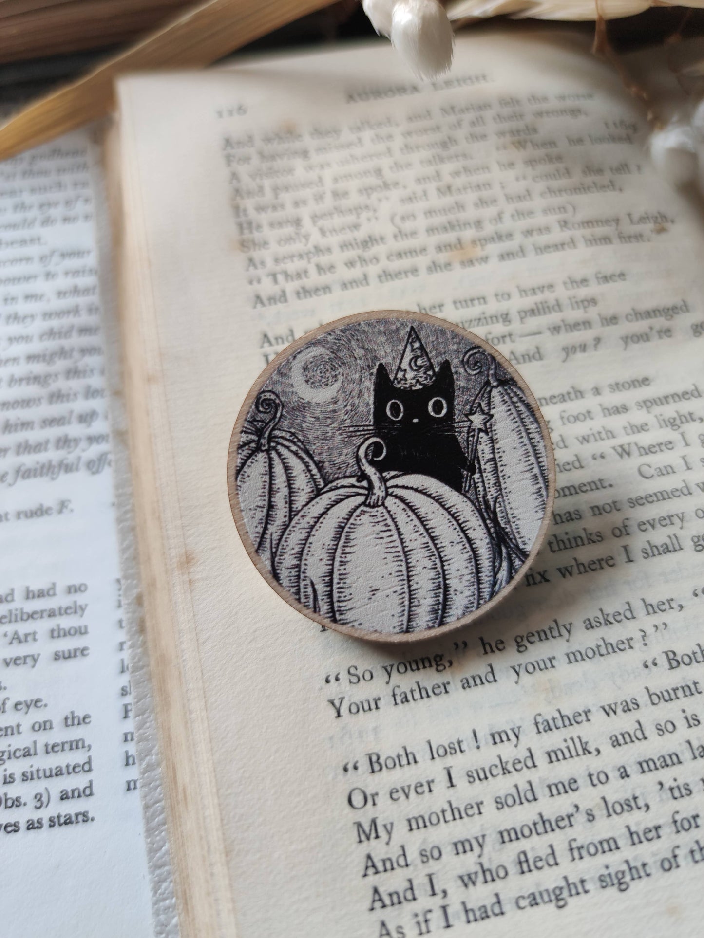 Pumpkin Wizard- Black Cat Wooden Pin Badge