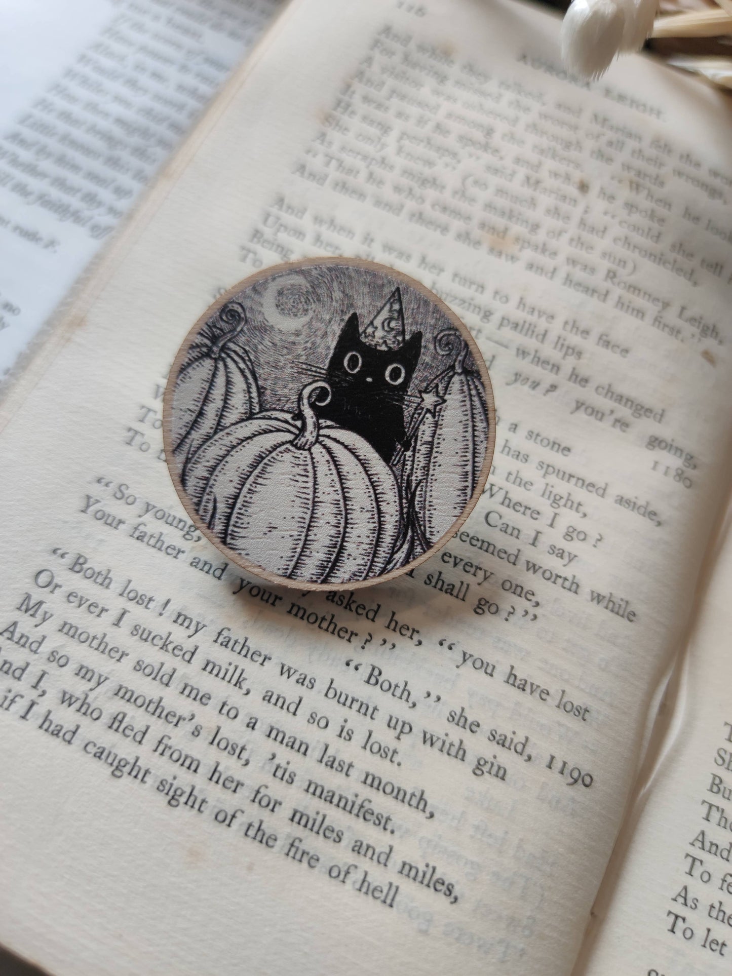 Pumpkin Wizard- Black Cat Wooden Pin Badge