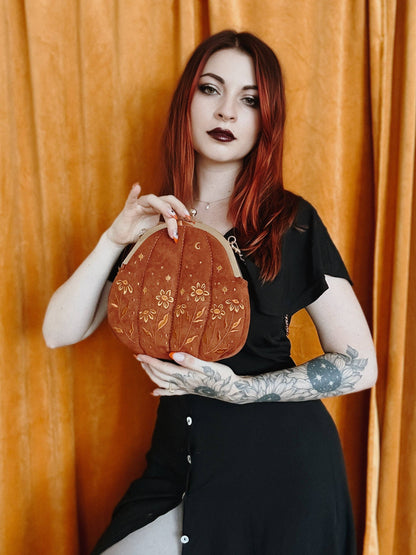 Velvet Embroidered Pumpkin Purse in Black