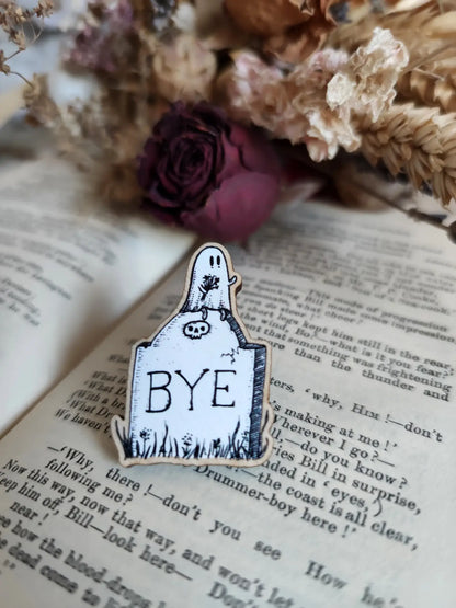 Gravestone Ghost Wooden Pin Badge