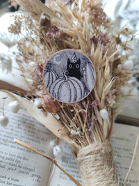 Thumbnail for Pumpkin Wizard- Black Cat Wooden Pin Badge