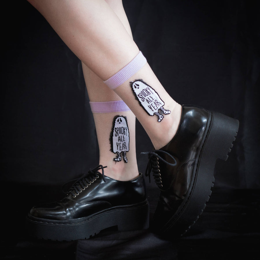Sheer "Spooky All Year" Ghost Crew Socks for Halloween