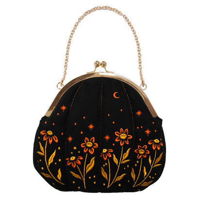 Velvet Embroidered Pumpkin Purse in Black
