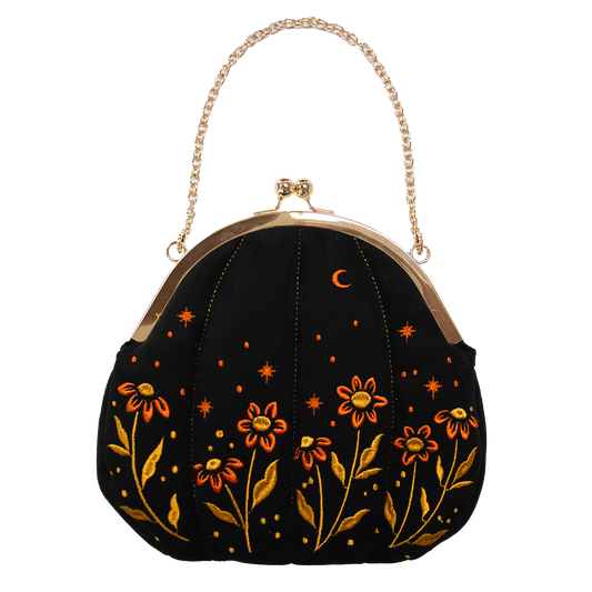 Velvet Embroidered Pumpkin Purse in Black