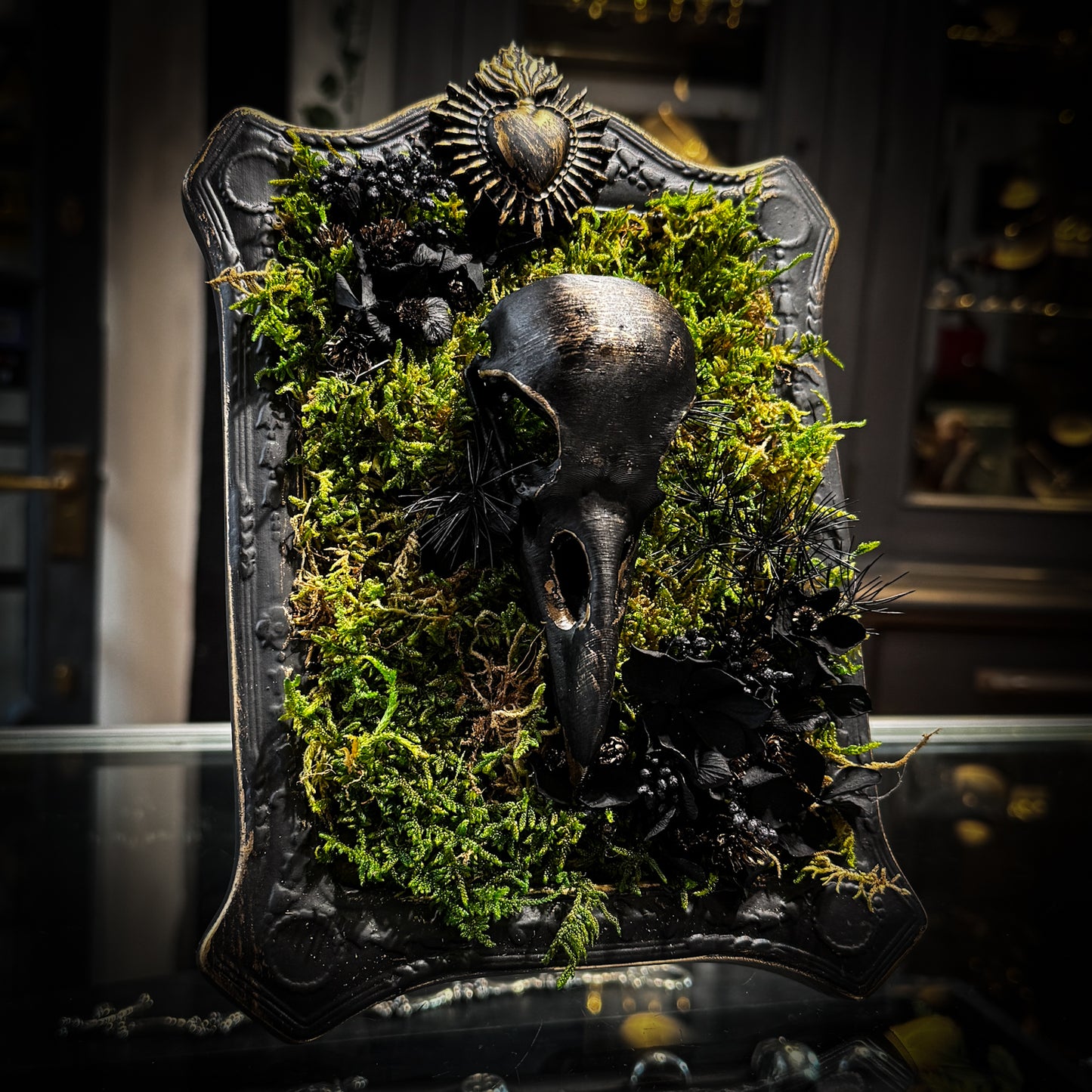 Faux Raven Skull Moss Frame