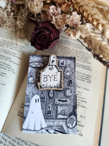 Gravestone Ghost Wooden Pin Badge