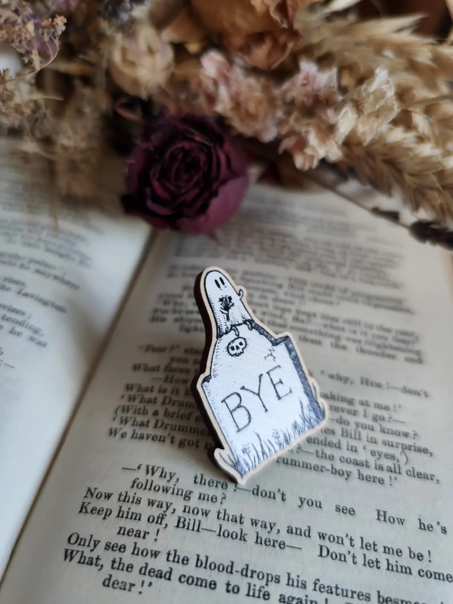 Gravestone Ghost Wooden Pin Badge