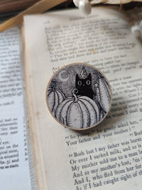 Thumbnail for Pumpkin Wizard- Black Cat Wooden Pin Badge