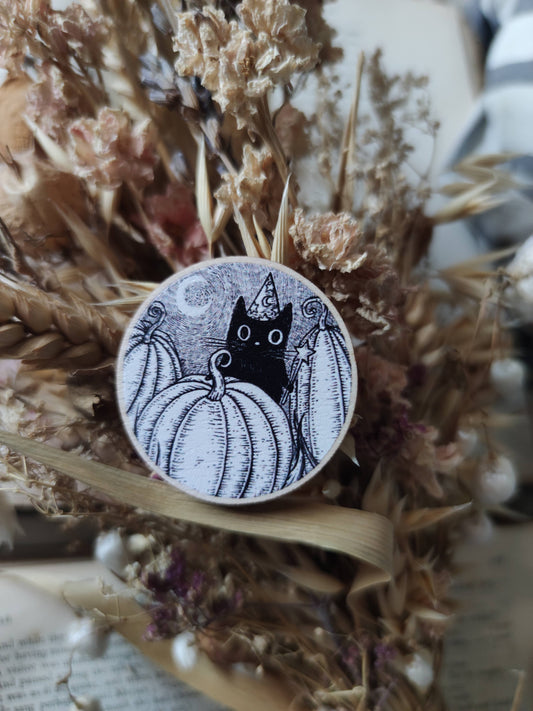 Pumpkin Wizard- Black Cat Wooden Pin Badge