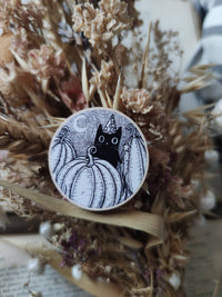 Thumbnail for Pumpkin Wizard- Black Cat Wooden Pin Badge