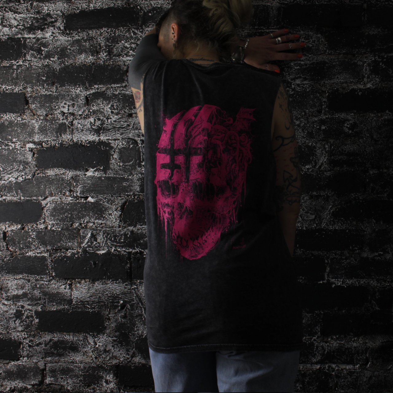 Where Is My Mind Big Pink Skull Stonewash Unisex Muscle Vest