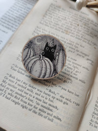 Thumbnail for Pumpkin Wizard- Black Cat Wooden Pin Badge